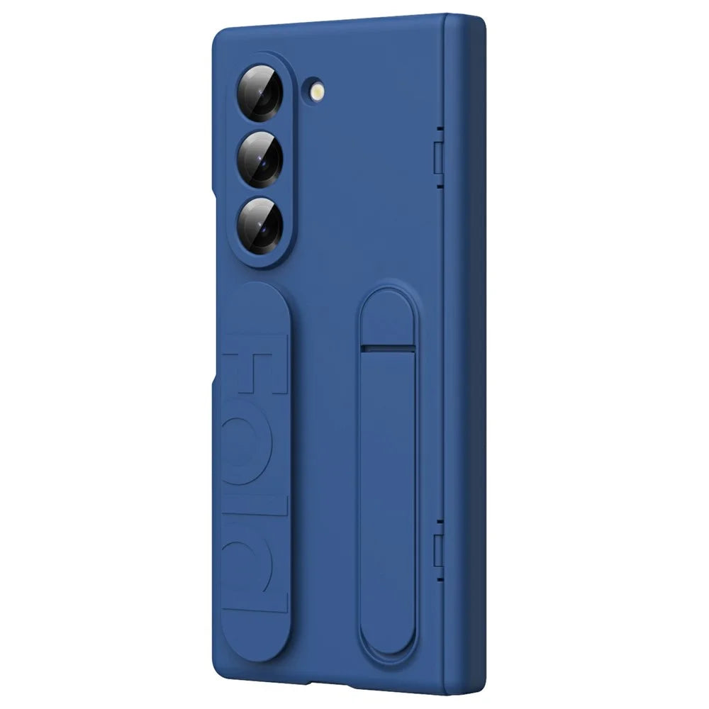 For Samsung Galaxy Z Fold5 5G Case with Tempered Glass Film Silicone Wristband Kickstand PC Phone Cover - Blue - 1