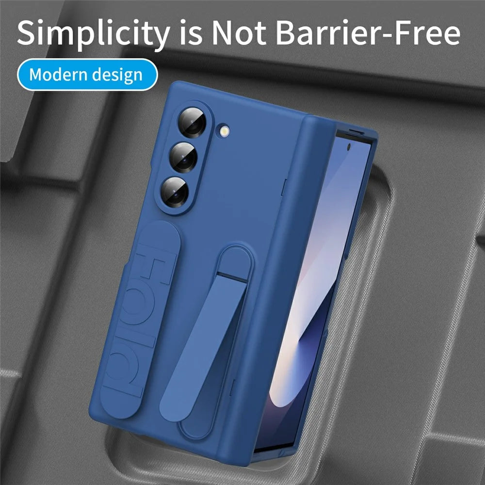 For Samsung Galaxy Z Fold5 5G Case with Tempered Glass Film Silicone Wristband Kickstand PC Phone Cover - Blue - 3