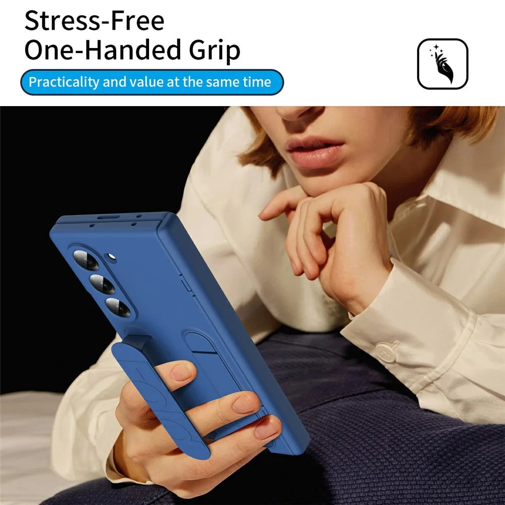 For Samsung Galaxy Z Fold5 5G Case with Tempered Glass Film Silicone Wristband Kickstand PC Phone Cover - Blue - 4