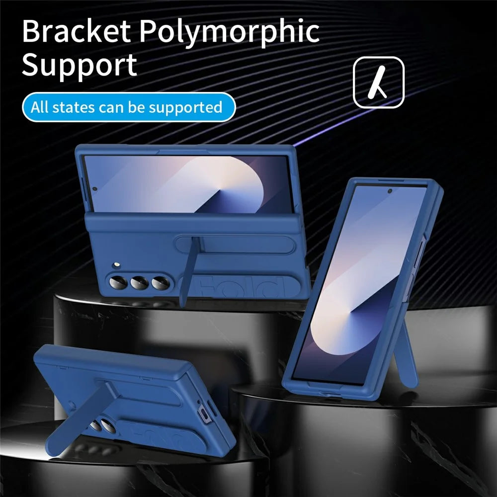 For Samsung Galaxy Z Fold5 5G Case with Tempered Glass Film Silicone Wristband Kickstand PC Phone Cover - Blue - 5