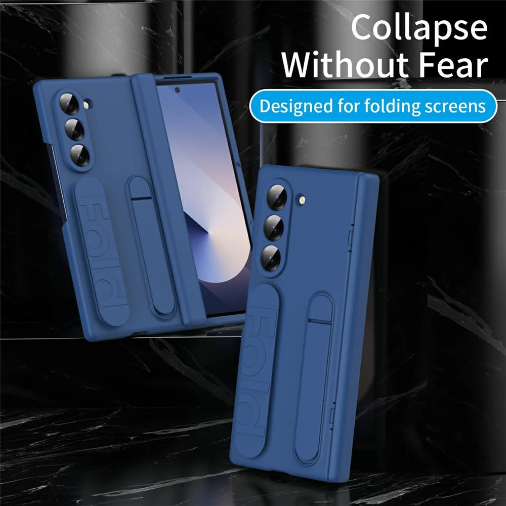 For Samsung Galaxy Z Fold5 5G Case with Tempered Glass Film Silicone Wristband Kickstand PC Phone Cover - Blue - 6