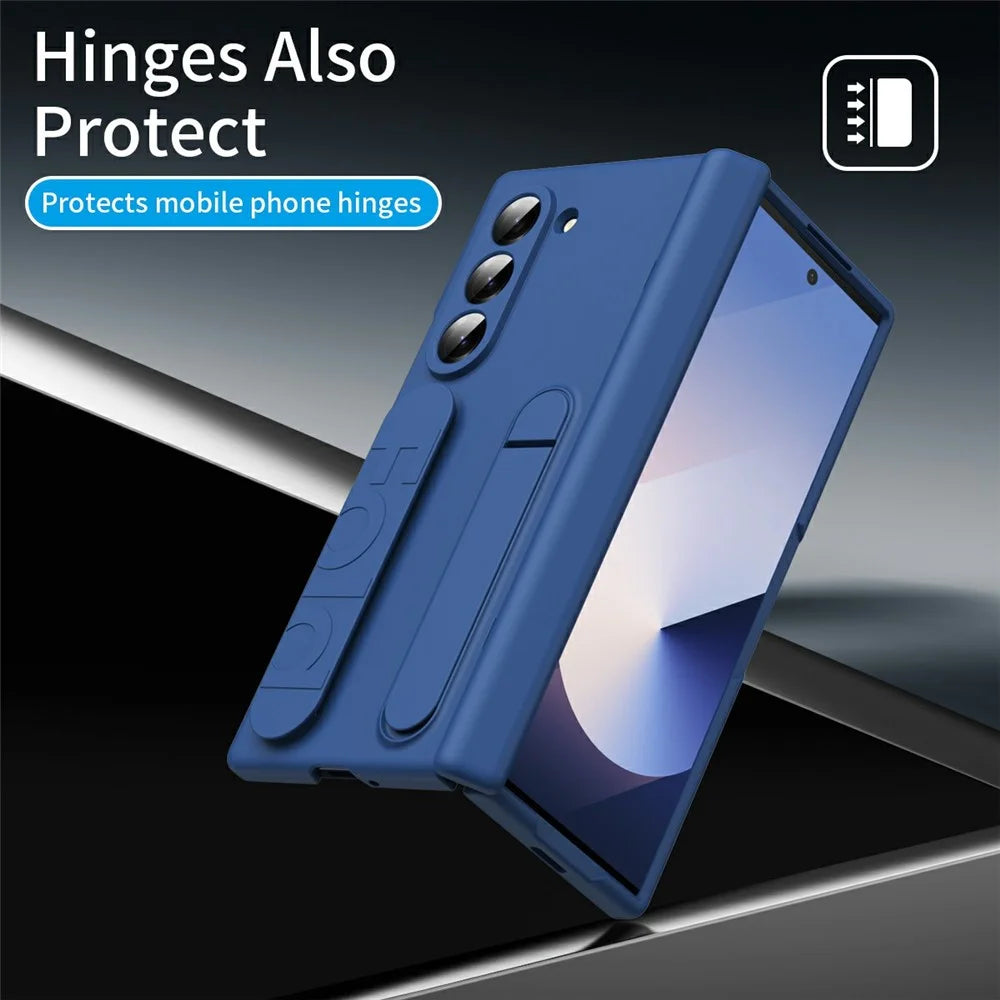For Samsung Galaxy Z Fold5 5G Case with Tempered Glass Film Silicone Wristband Kickstand PC Phone Cover - Blue - 7