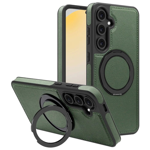 For Samsung Galaxy S24 FE Case with Ring Kickstand Magnetic Case PU Leather Back Cover - Dark Green - 1