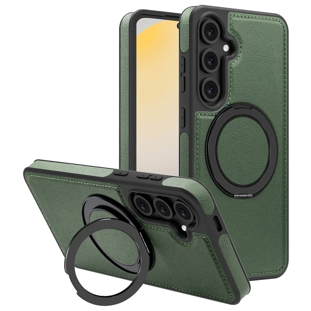 For Samsung Galaxy S24 FE Case with Ring Kickstand Magnetic Case PU Leather Back Cover - Dark Green - 1