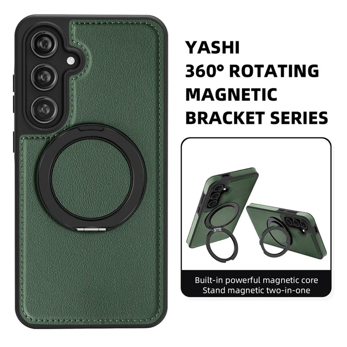 For Samsung Galaxy S24 FE Case with Ring Kickstand Magnetic Case PU Leather Back Cover - Dark Green - 2