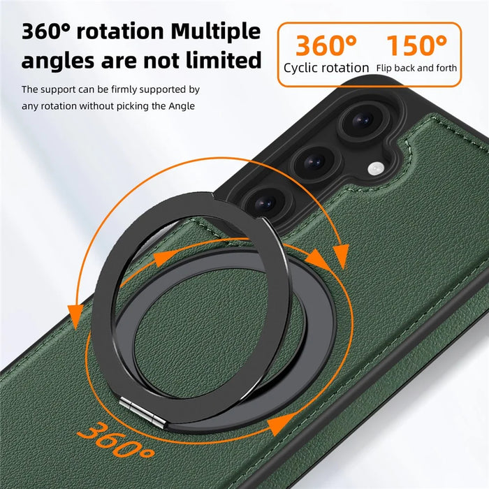 For Samsung Galaxy S24 FE Case with Ring Kickstand Magnetic Case PU Leather Back Cover - Dark Green - 3