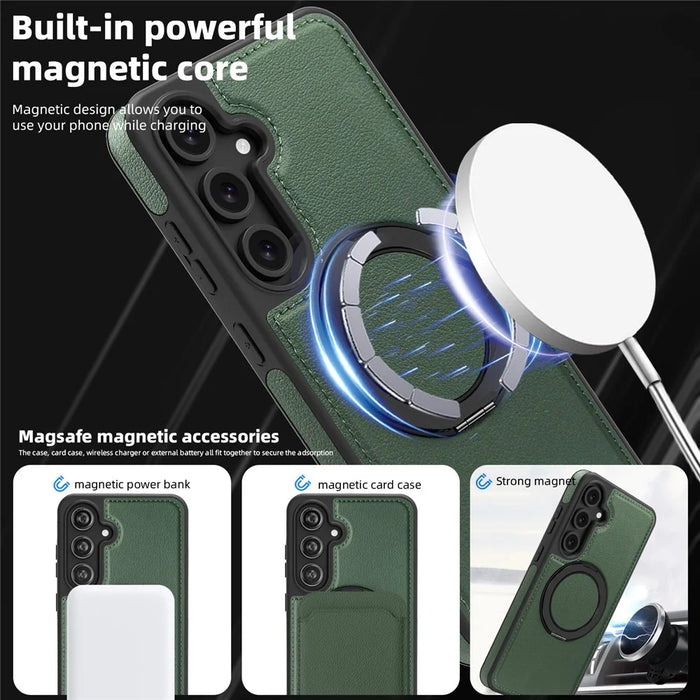 For Samsung Galaxy S24 FE Case with Ring Kickstand Magnetic Case PU Leather Back Cover - Dark Green - 5