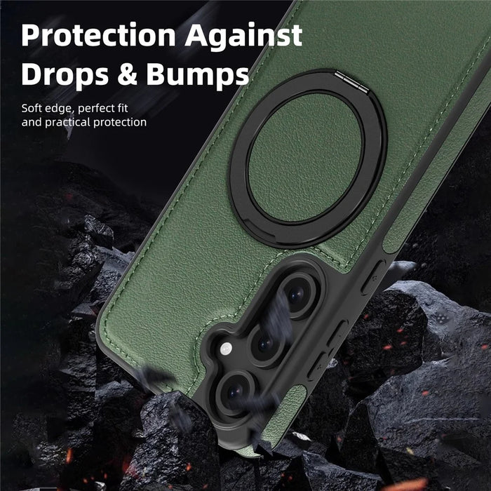 For Samsung Galaxy S24 FE Case with Ring Kickstand Magnetic Case PU Leather Back Cover - Dark Green - 6