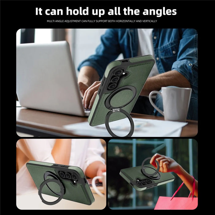 For Samsung Galaxy S24 FE Case with Ring Kickstand Magnetic Case PU Leather Back Cover - Dark Green - 7
