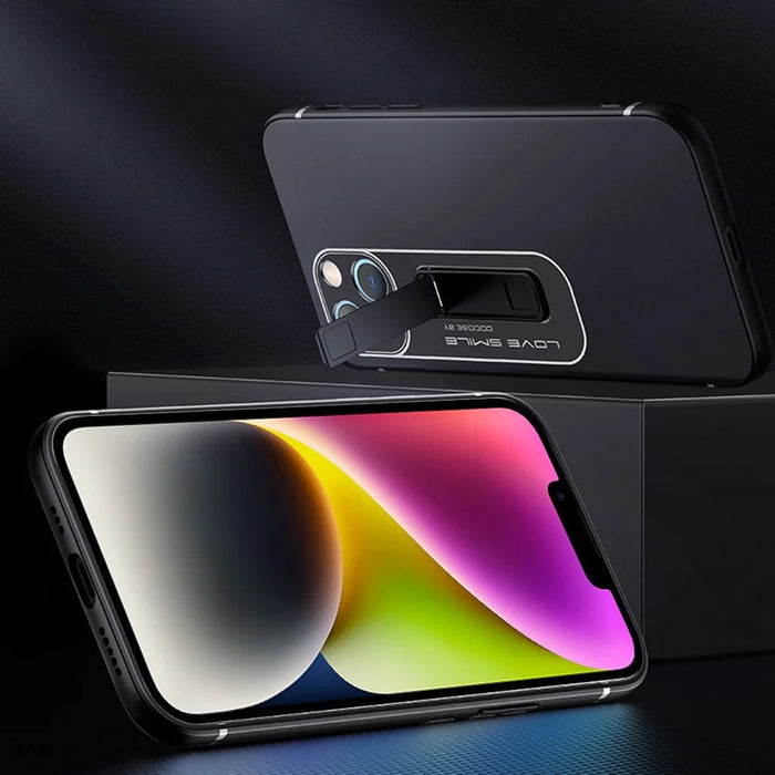 For iPhone 14 Drop-proof Slim Matte Phone Case Soft TPU + Hard PC Protective Cell Phone Cover with Hidden Kickstand - Black - 2