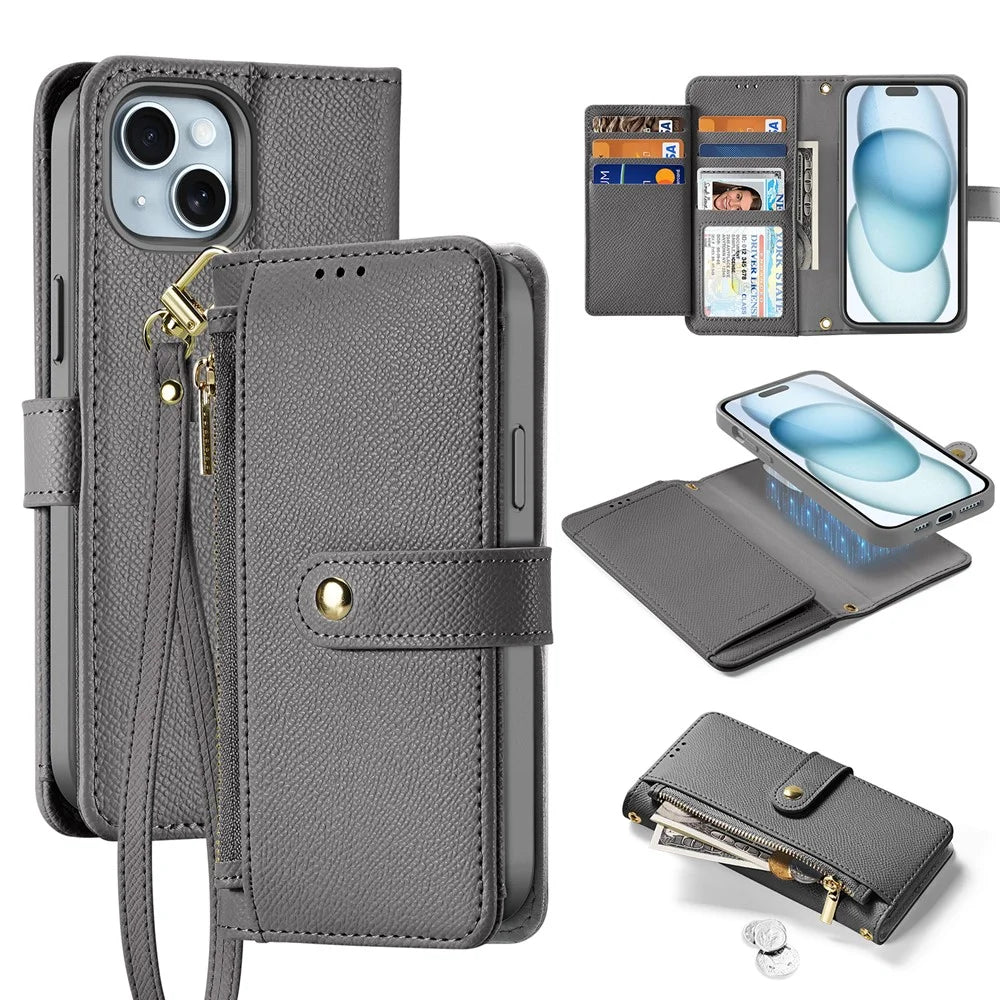 DUX DUCIS For iPhone 15 Plus Case  Lawa Series Detachable Magnetic Cowhide Leather Cover Zipper Wallet - Grey - 1