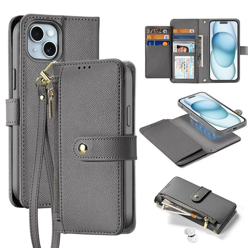 DUX DUCIS For iPhone 15 Plus Case  Lawa Series Detachable Magnetic Cowhide Leather Cover Zipper Wallet - Grey - 1