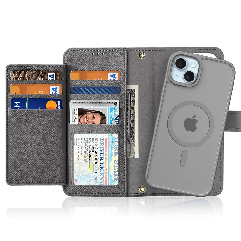 DUX DUCIS For iPhone 15 Plus Case  Lawa Series Detachable Magnetic Cowhide Leather Cover Zipper Wallet - Grey - 2