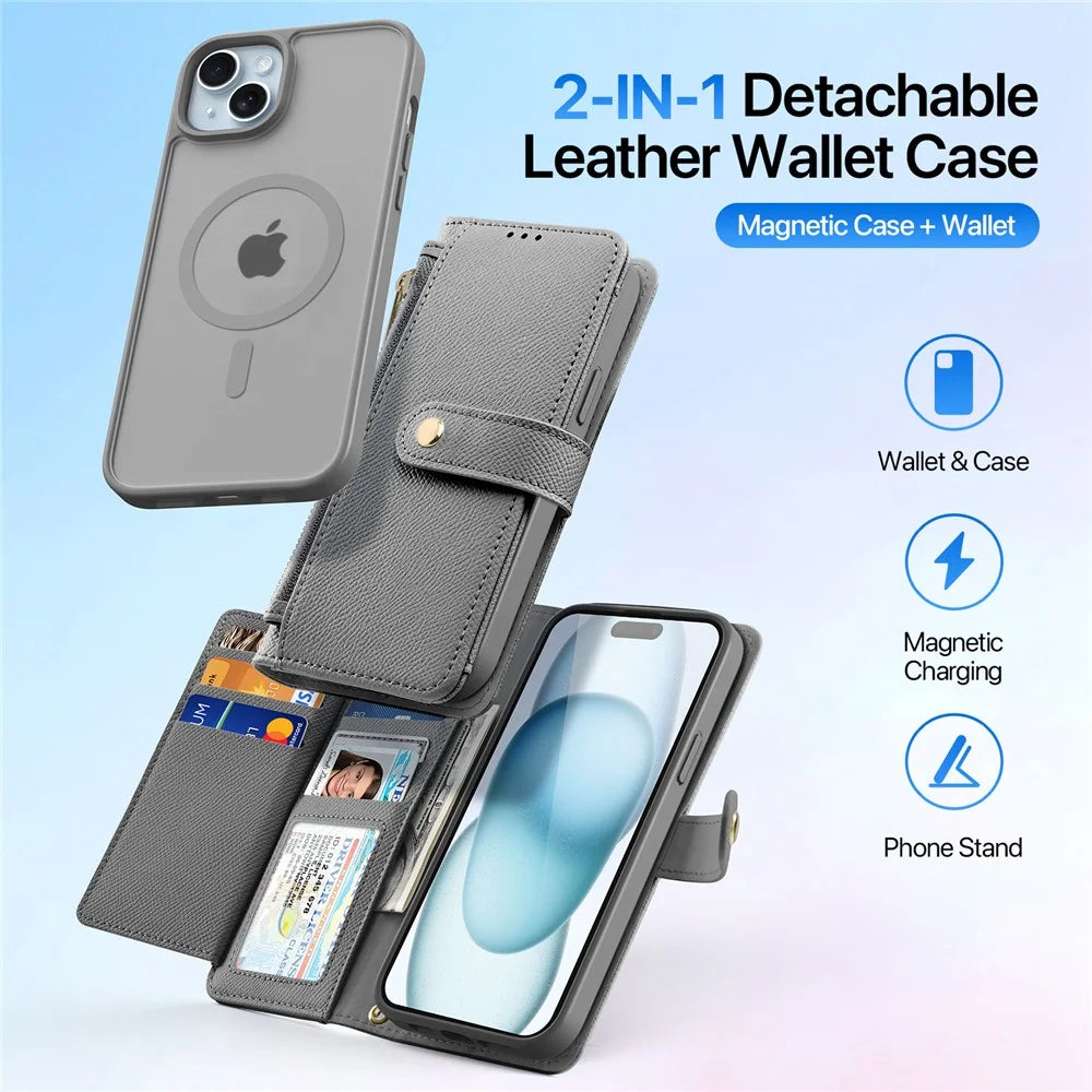 DUX DUCIS For iPhone 15 Plus Case  Lawa Series Detachable Magnetic Cowhide Leather Cover Zipper Wallet - Grey - 3