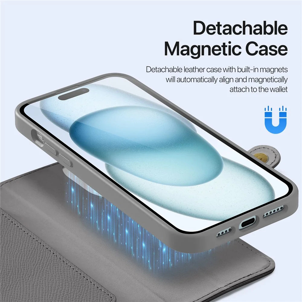 DUX DUCIS For iPhone 15 Plus Case  Lawa Series Detachable Magnetic Cowhide Leather Cover Zipper Wallet - Grey - 5