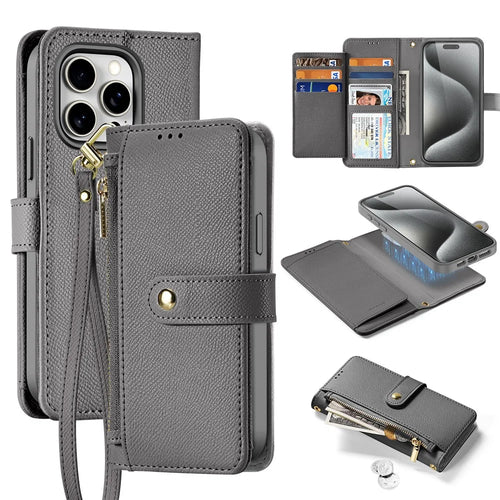 DUX DUCIS For iPhone 15 Pro Case  Lawa Series Detachable Magnetic Cowhide Leather Cover Zipper Wallet - Grey - 1