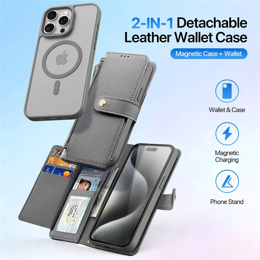 DUX DUCIS For iPhone 15 Pro Case  Lawa Series Detachable Magnetic Cowhide Leather Cover Zipper Wallet - Grey - 3