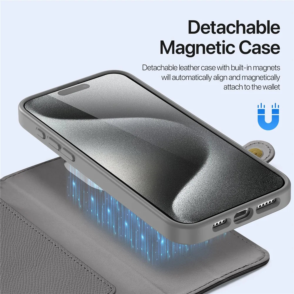 DUX DUCIS For iPhone 15 Pro Case  Lawa Series Detachable Magnetic Cowhide Leather Cover Zipper Wallet - Grey - 5
