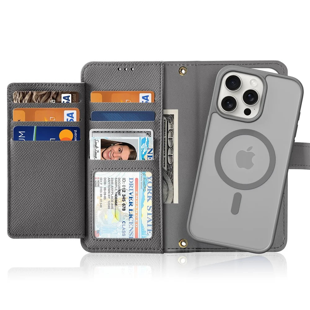 DUX DUCIS For iPhone 15 Pro Max Case  Lawa Series Detachable Magnetic Cowhide Leather Cover Zipper Wallet - Grey - 2