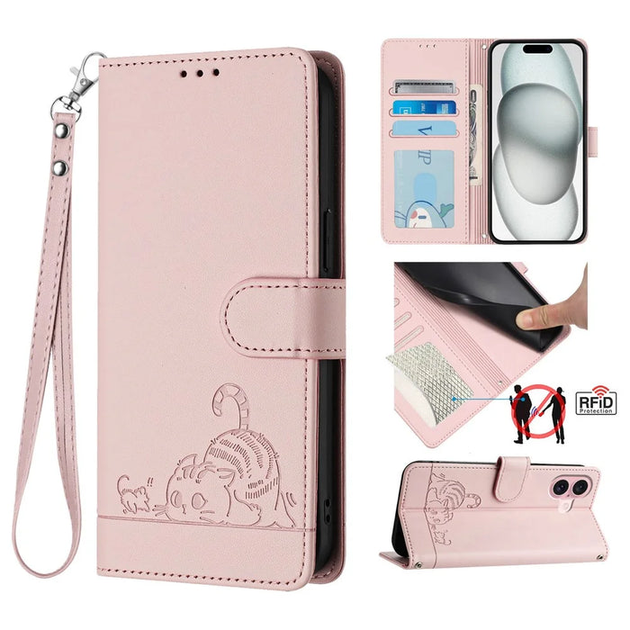 For iPhone 16 Case with Strap RFID Blocking Leather Wallet Phone Cover Cat Mouse Pattern - Pink - 1