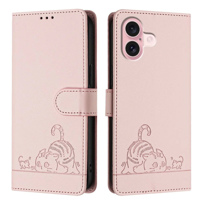 For iPhone 16 Case with Strap RFID Blocking Leather Wallet Phone Cover Cat Mouse Pattern - Pink - 2