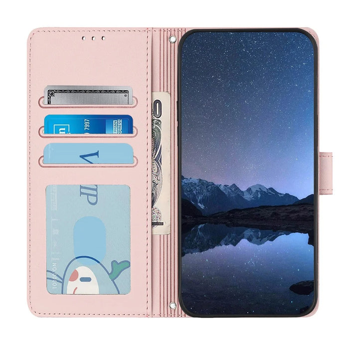 For iPhone 16 Case with Strap RFID Blocking Leather Wallet Phone Cover Cat Mouse Pattern - Pink - 3