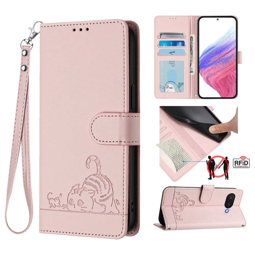 For Google Pixel 9a Case with Strap RFID Blocking Leather Wallet Phone Cover Cat Mouse Pattern - Pink - 1