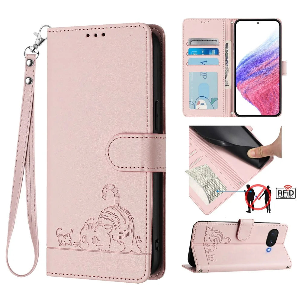 For Google Pixel 9a Case with Strap RFID Blocking Leather Wallet Phone Cover Cat Mouse Pattern - Pink - 1