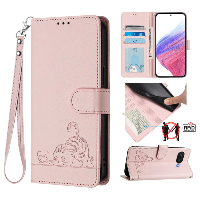 For Google Pixel 9a Case with Strap RFID Blocking Leather Wallet Phone Cover Cat Mouse Pattern - Pink - 1