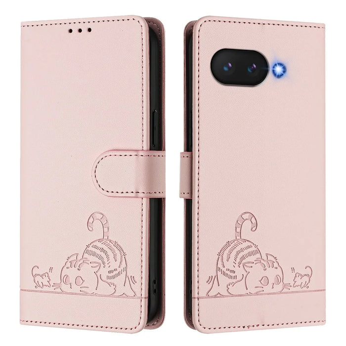 For Google Pixel 9a Case with Strap RFID Blocking Leather Wallet Phone Cover Cat Mouse Pattern - Pink - 2