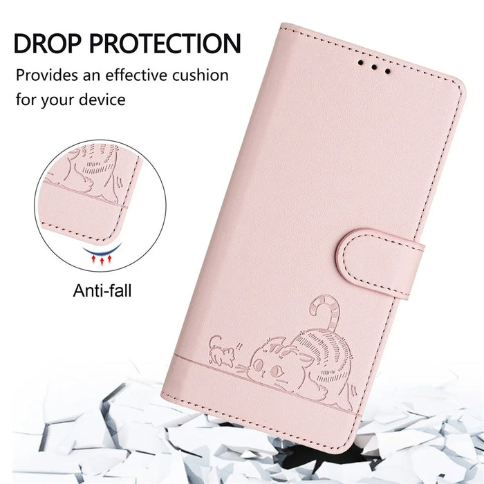 For Google Pixel 9a Case with Strap RFID Blocking Leather Wallet Phone Cover Cat Mouse Pattern - Pink - 6