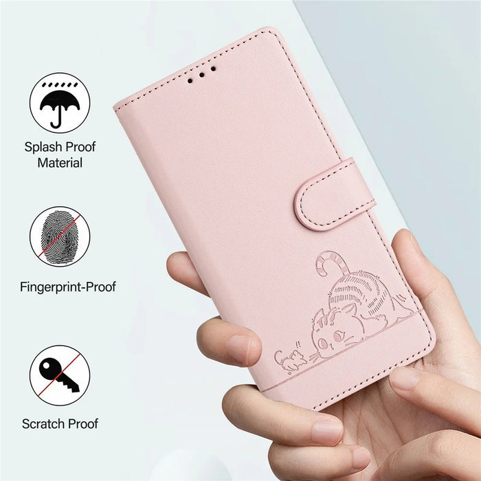 For Google Pixel 9a Case with Strap RFID Blocking Leather Wallet Phone Cover Cat Mouse Pattern - Pink - 7