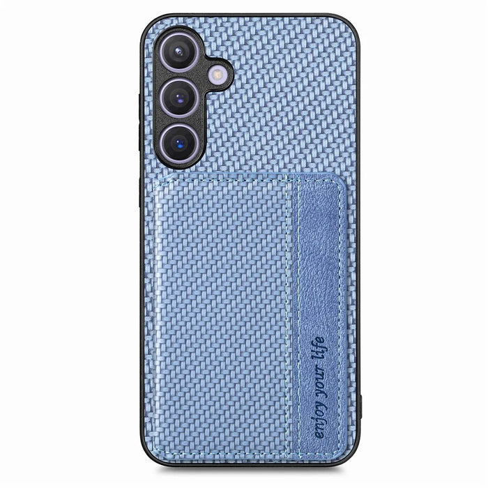 For Samsung Galaxy S25 Case RFID Blocking Carbon Fiber Leather Phone Back Cover with Card Holder - Blue - 1