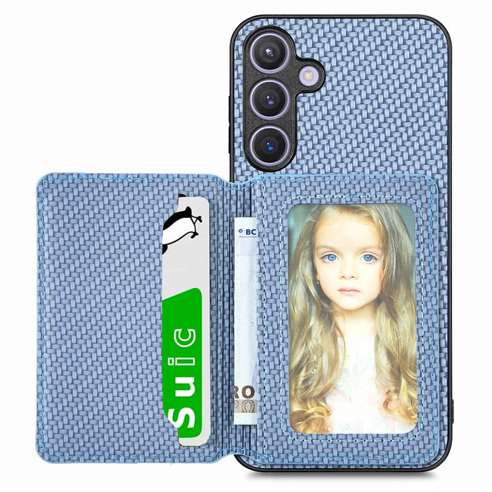 For Samsung Galaxy S25 Case RFID Blocking Carbon Fiber Leather Phone Back Cover with Card Holder - Blue - 2