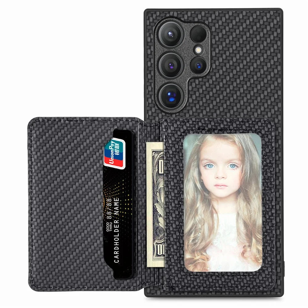 For Samsung Galaxy S25 Ultra Case RFID Blocking Carbon Fiber Leather Phone Back Cover with Card Holder - Black - 2