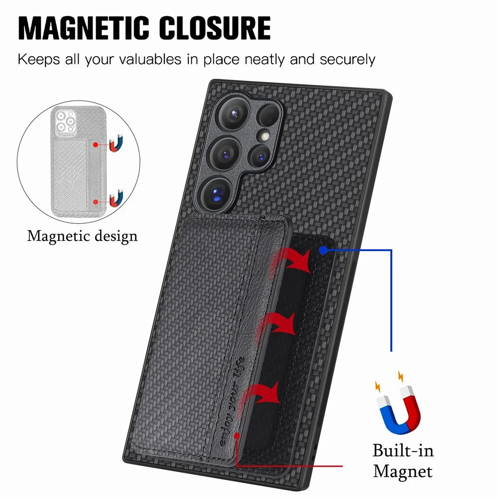 For Samsung Galaxy S25 Ultra Case RFID Blocking Carbon Fiber Leather Phone Back Cover with Card Holder - Black - 3
