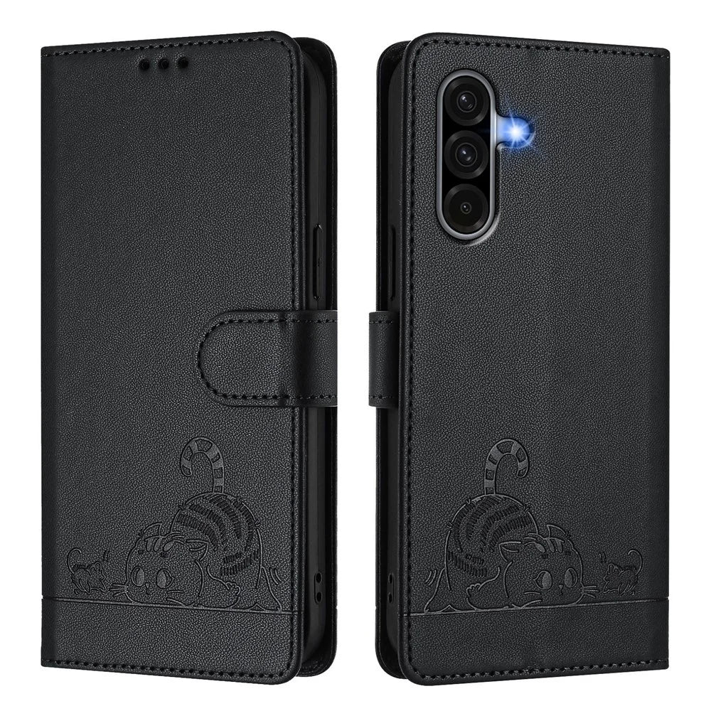 For Samsung Galaxy A37 5G / A56 5G / A36 5G Case with Strap RFID Blocking Leather Wallet Phone Cover Cat Mouse Pattern - Black - 2