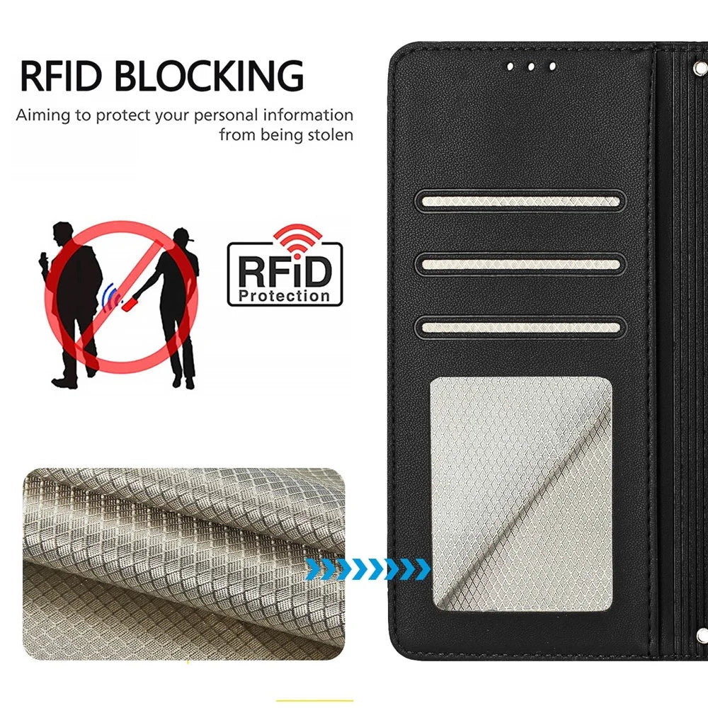 For Samsung Galaxy A37 5G / A56 5G / A36 5G Case with Strap RFID Blocking Leather Wallet Phone Cover Cat Mouse Pattern - Black - 5