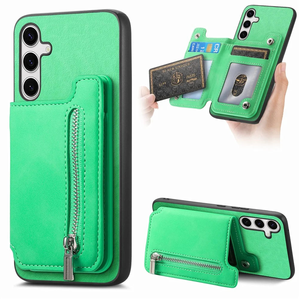 For Samsung Galaxy S25 Case Magnetic Detachable Zipper Card Holder Leather Phone Back Cover - Green - 1