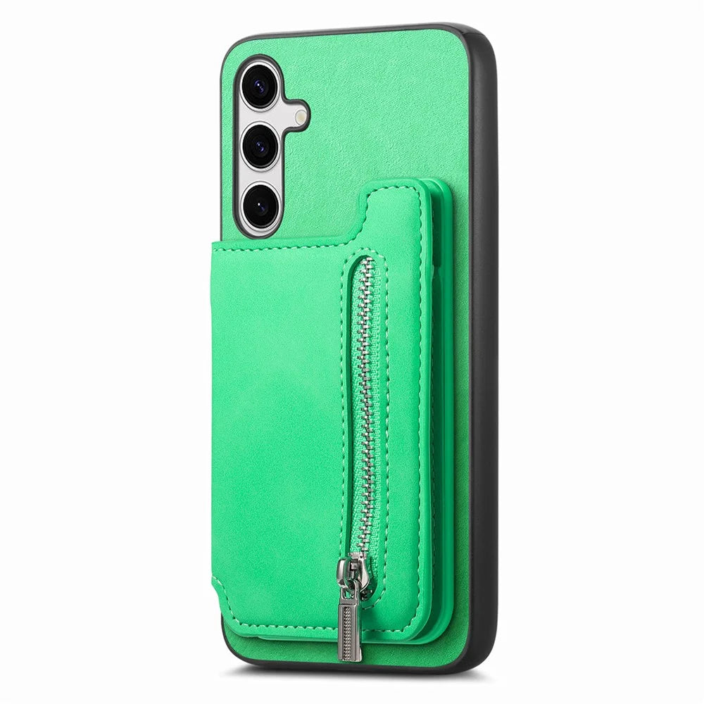 For Samsung Galaxy S25 Case Magnetic Detachable Zipper Card Holder Leather Phone Back Cover - Green - 2