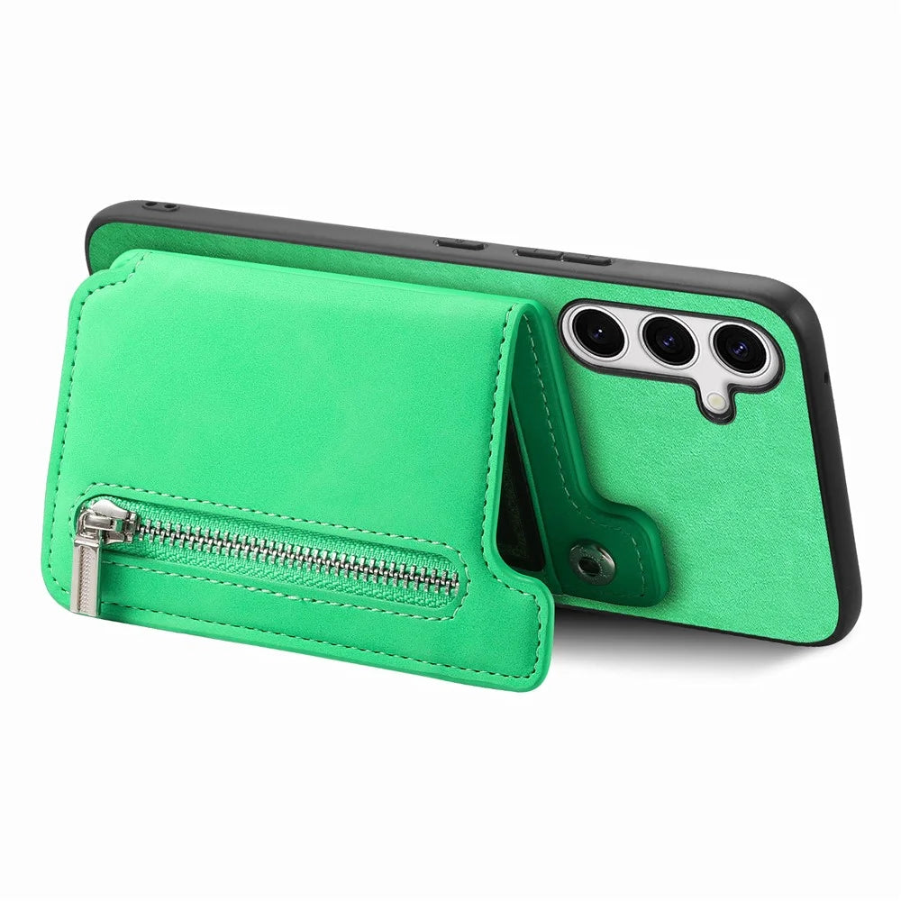 For Samsung Galaxy S25 Case Magnetic Detachable Zipper Card Holder Leather Phone Back Cover - Green - 3