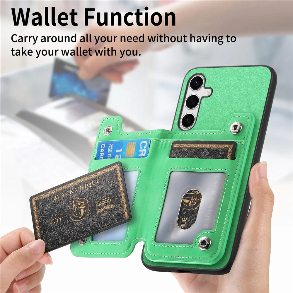 For Samsung Galaxy S25 Case Magnetic Detachable Zipper Card Holder Leather Phone Back Cover - Green - 4