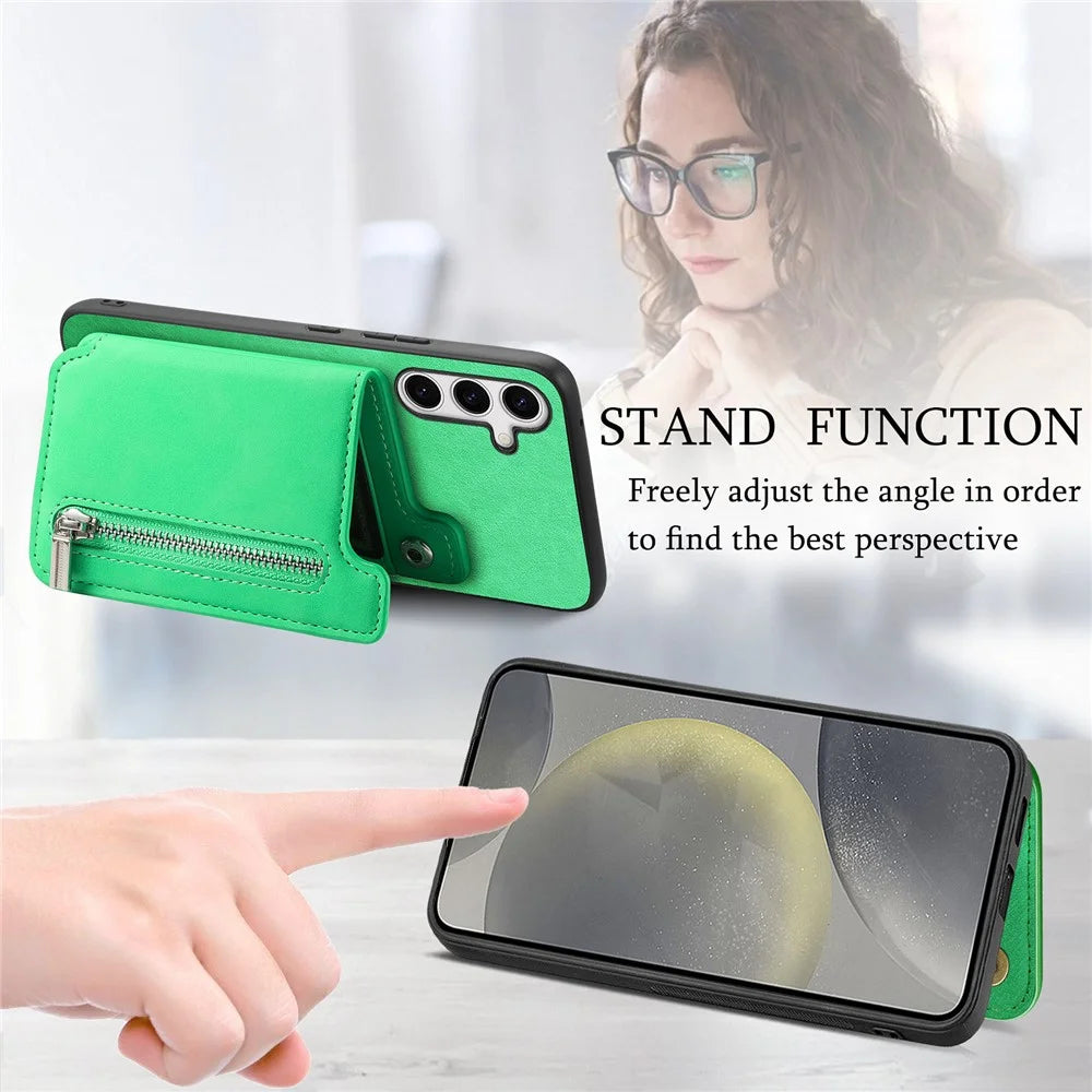 For Samsung Galaxy S25 Case Magnetic Detachable Zipper Card Holder Leather Phone Back Cover - Green - 5
