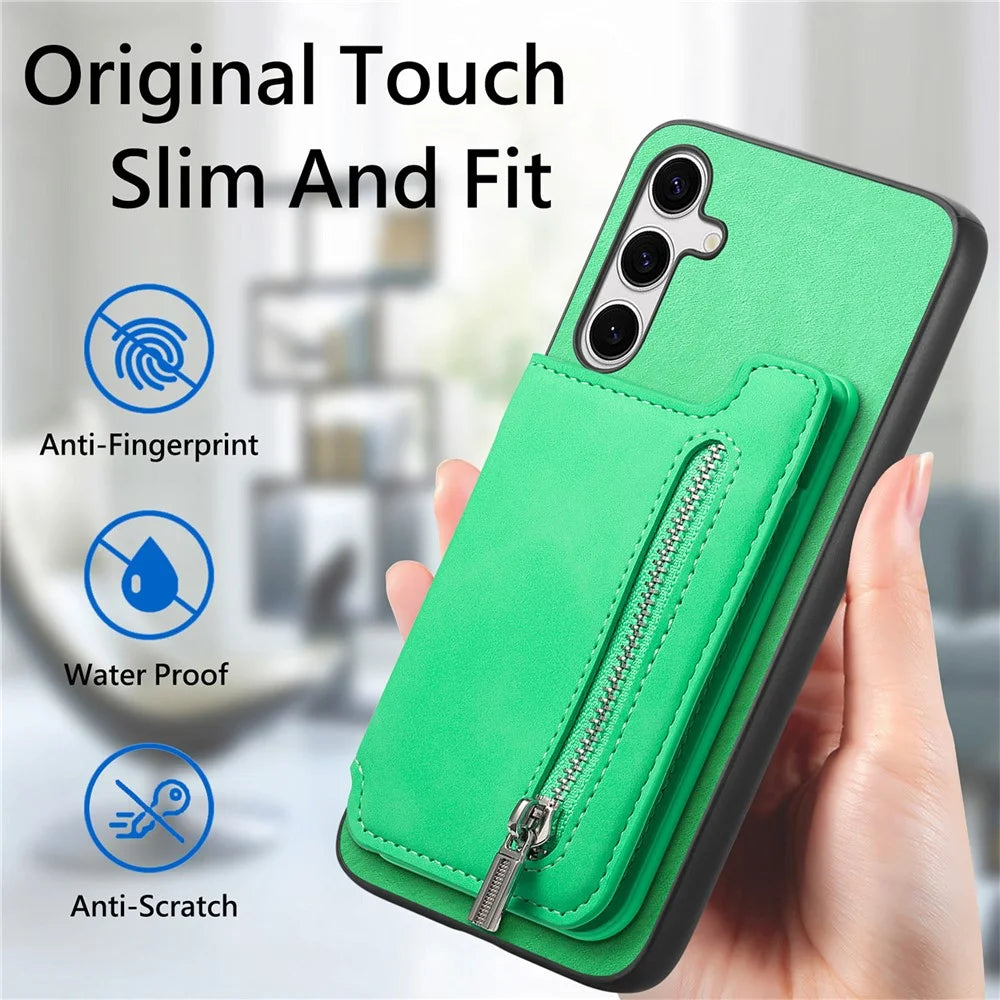 For Samsung Galaxy S25 Case Magnetic Detachable Zipper Card Holder Leather Phone Back Cover - Green - 6