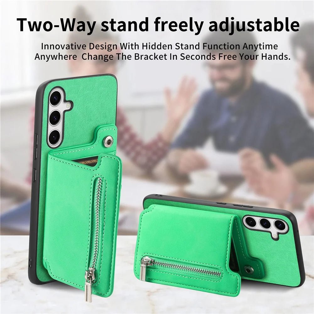 For Samsung Galaxy S25 Case Magnetic Detachable Zipper Card Holder Leather Phone Back Cover - Green - 7