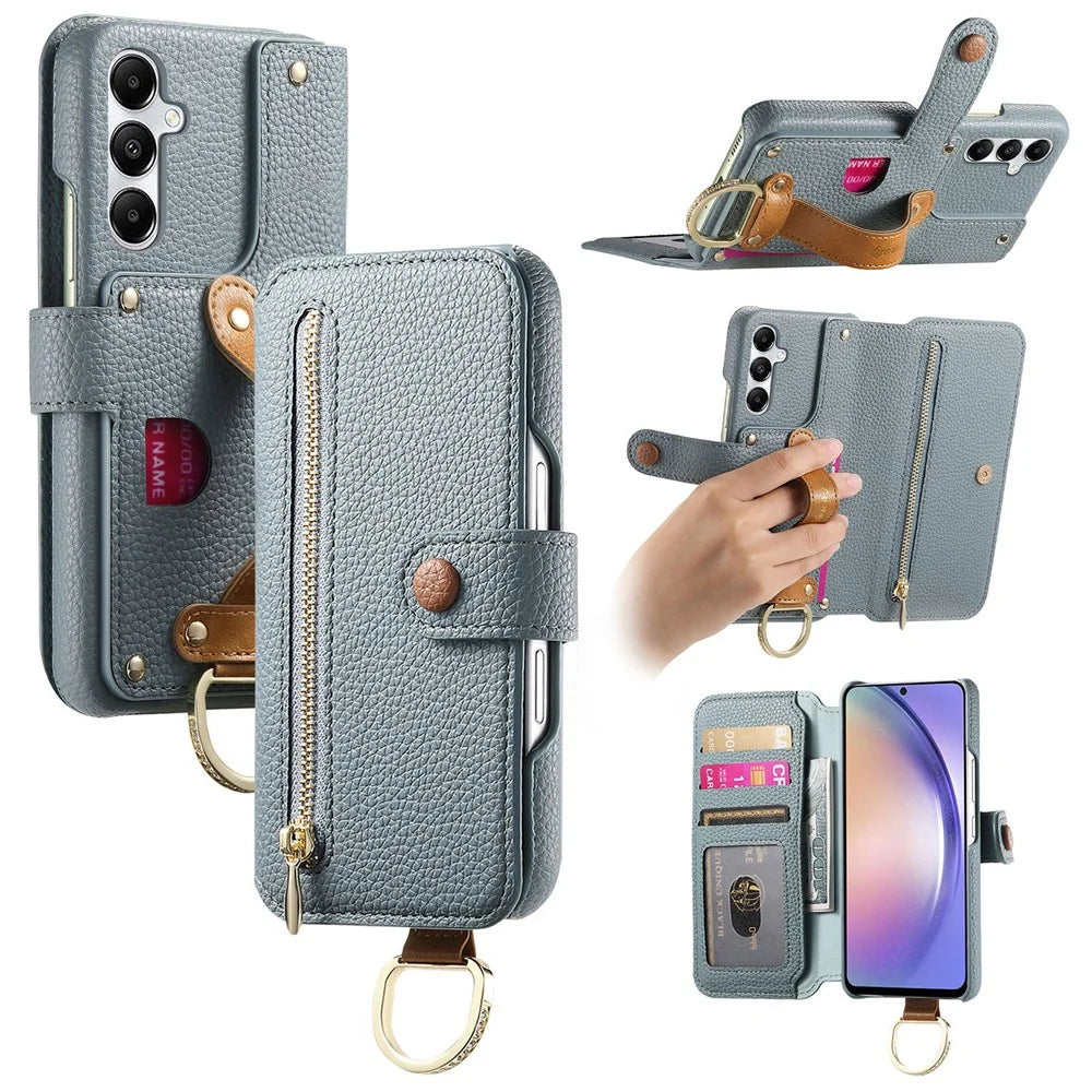 For Samsung Galaxy A16 4G / 5G Case RFID Blocking Zipper Wallet PU Leather Mobile Cover - Blue - 1
