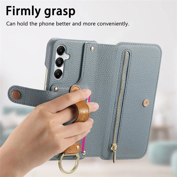 For Samsung Galaxy A16 4G / 5G Case RFID Blocking Zipper Wallet PU Leather Mobile Cover - Blue - 5