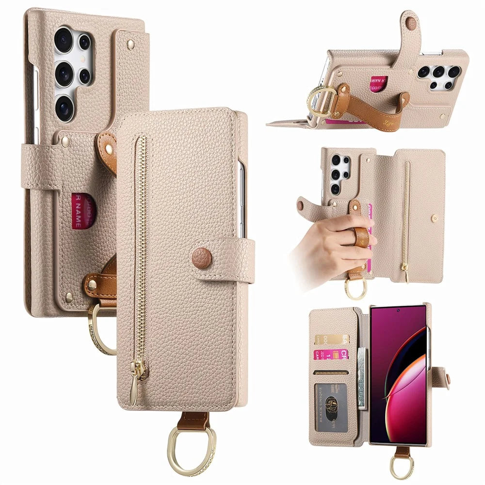 For Samsung Galaxy S25 Ultra Case RFID Blocking Zipper Wallet PU Leather Mobile Cover - Khaki - 1