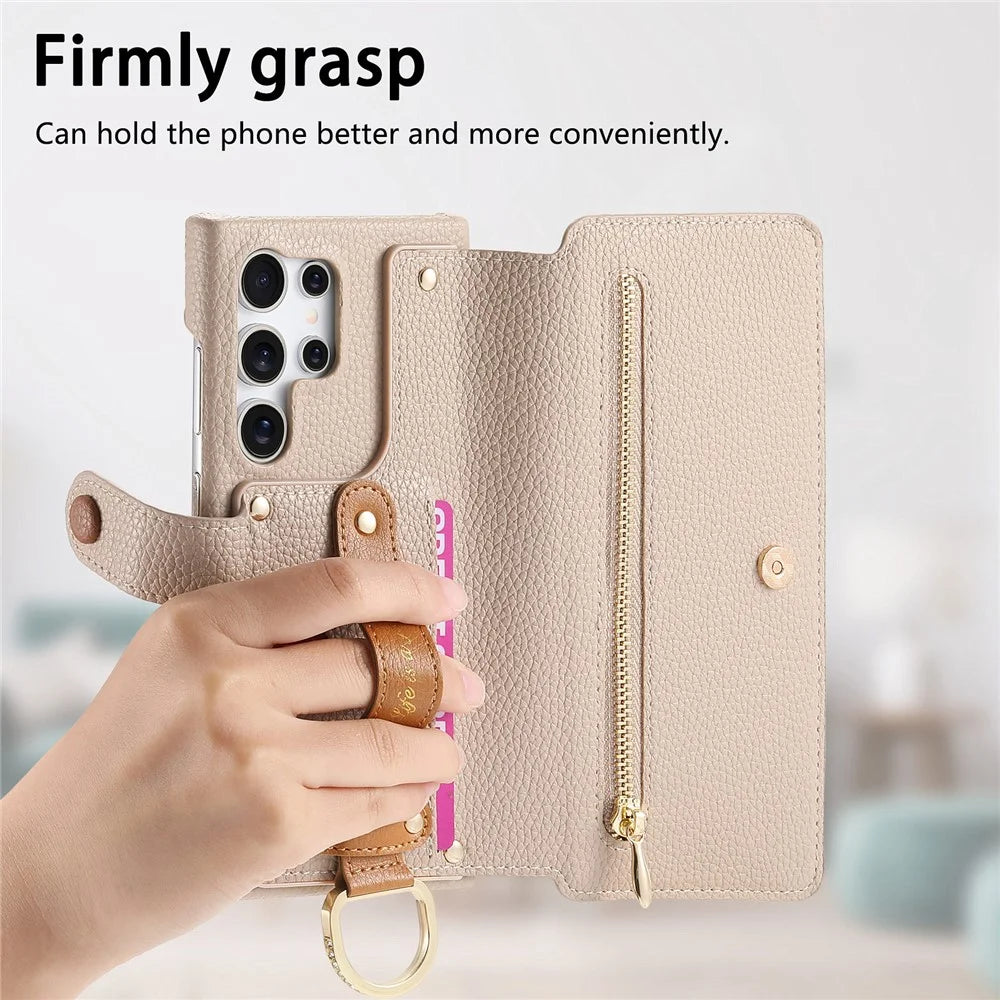 For Samsung Galaxy S25 Ultra Case RFID Blocking Zipper Wallet PU Leather Mobile Cover - Khaki - 5
