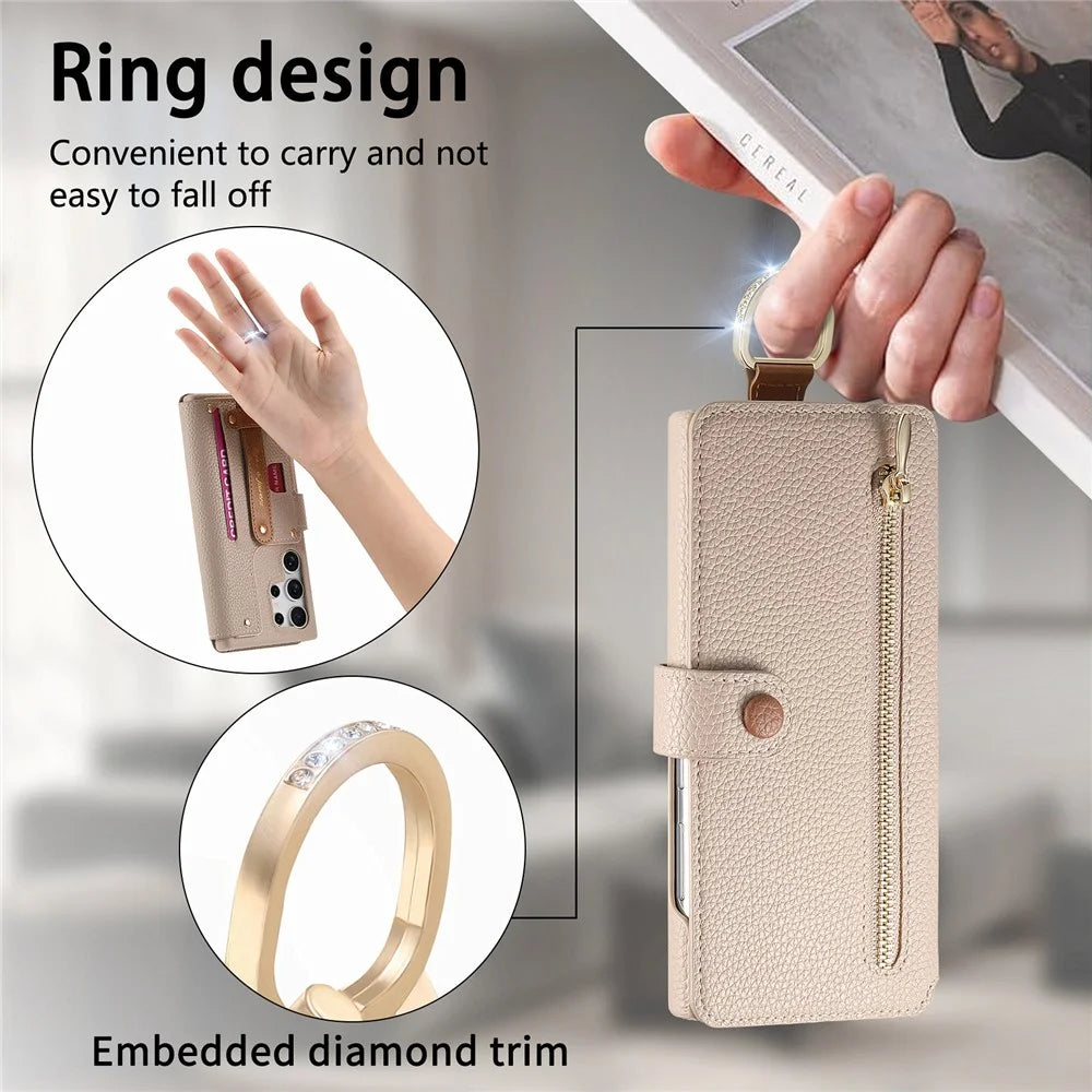 For Samsung Galaxy S25 Ultra Case RFID Blocking Zipper Wallet PU Leather Mobile Cover - Khaki - 6